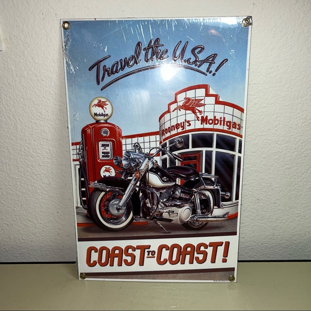 Retro 1998 Ande Rooney Travel The USA Coast To Coast Mobil Metal Sign New sealed